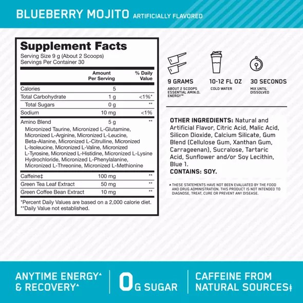 Optimum Nutrition ESSENTIAL AMIN.O. ENERGY® Blueberry Mojito 0.6 lb (30 Servings) Sverige | 924DBINCG
