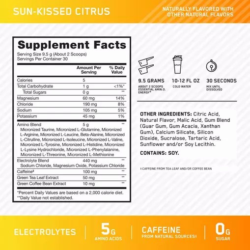 Optimum Nutrition Essential AMIN.O. ENERGY + Electrolytes *new* Sun-kissed Citrus 0.63 lb (30 Servings) Sverige | 480RGXAIL