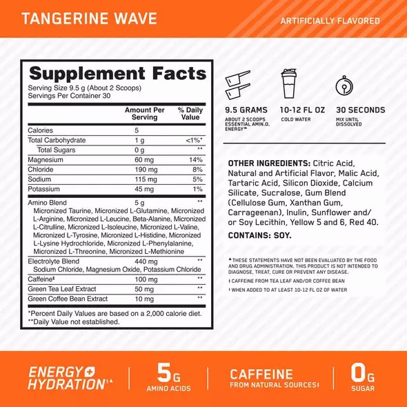 Optimum Nutrition Essential AMIN.O. ENERGY + Electrolytes Tangerine Wave 0.63 lb (30 Servings) Sverige | 516LMTBYS