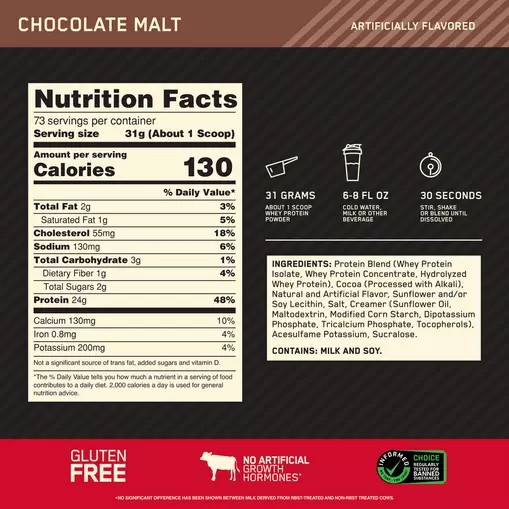 Optimum Nutrition GOLD STANDARD 100% WHEY™ Chocolate Malt 5 lb (73 Servings) Sverige | 751DROYLC