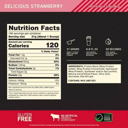 Optimum Nutrition GOLD STANDARD 100% WHEY™ Delicious Strawberry 10 lb (146 Servings) Sverige | 520KHUQTV