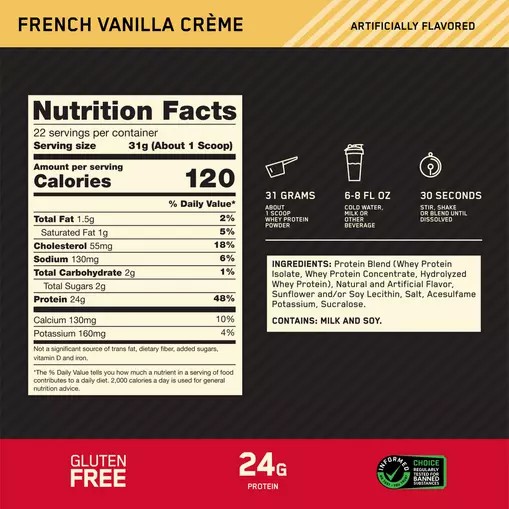 Optimum Nutrition GOLD STANDARD 100% WHEY™ French Vanilla Creme 1.5 lb (22 Servings) Sverige | 840LNODMK