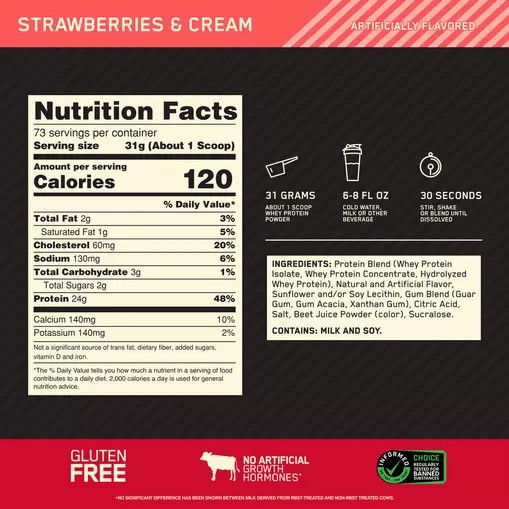 Optimum Nutrition GOLD STANDARD 100% WHEY™ Strawberries & Cream 5 lb (73 Servings) Sverige | 312WOZTBU