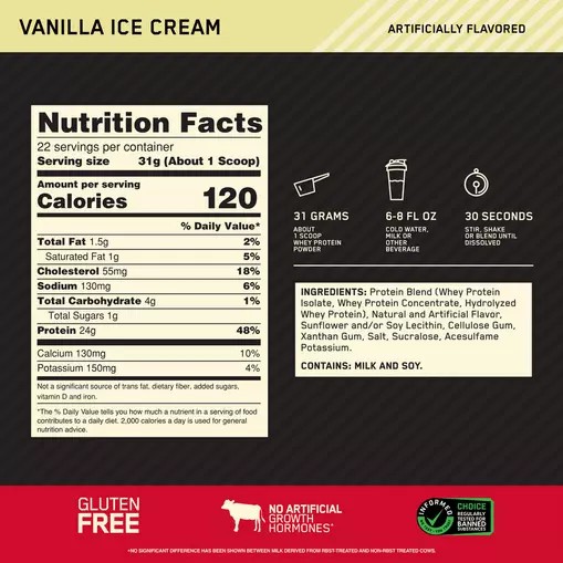 Optimum Nutrition GOLD STANDARD 100% WHEY™ Vanilla Ice Cream 1.5 lb (22 Servings) Sverige | 937KMEJAT