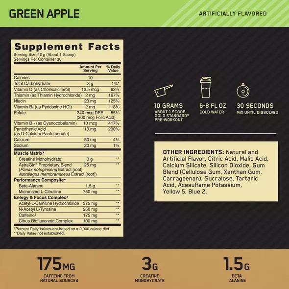 Optimum Nutrition GOLD STANDARD® Pre-Workout Green Apple 0.66 lb (30 Servings) Sverige | 872APMJDQ