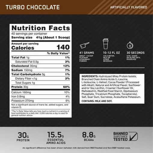 Optimum Nutrition PLATINUM HYDROWHEY™ Turbo Chocolate 3.61 lb (40 Servings) Sverige | 057FJNYHE