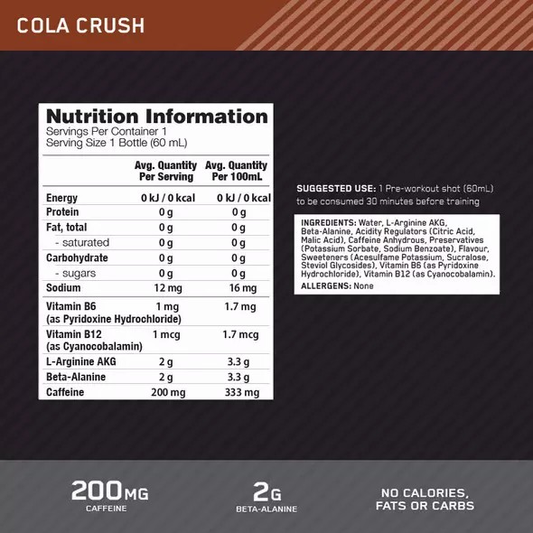 Optimum Nutrition Pure Pre 200 Pre-Workout Shot Cola 60ml (12 shots) Sverige | 743WNICZB